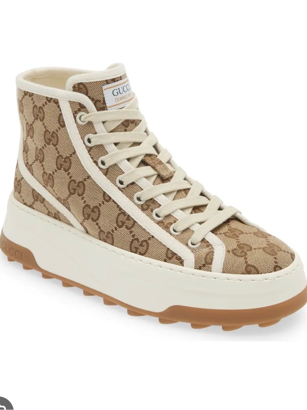 Gucci Beige GG Canvas High-Top Sneakers with Cream Trim new